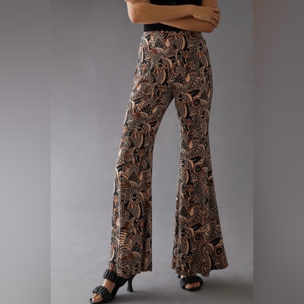 Anthropologie Black and Brown Animal Print Wide Leg Pants